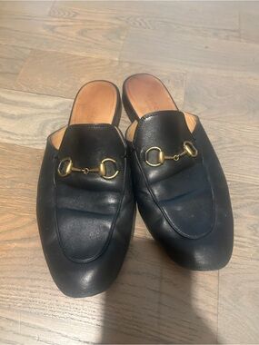 Gucci Black Leather Horsebit Backless Mules with Gold Hardware